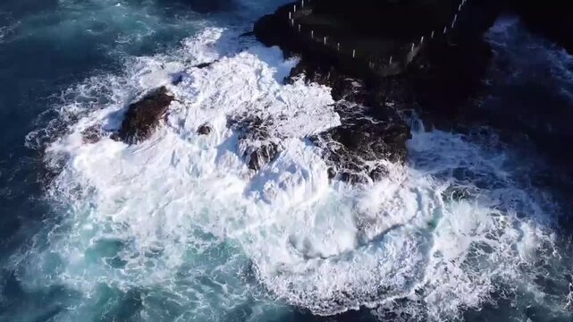 Flowing Ocean Water Splashing Into Waves with Powerful White Foam, Blue Sea Surf, Coastal Nature Landscape and Dynamic Summer Tide Motion at the Beach