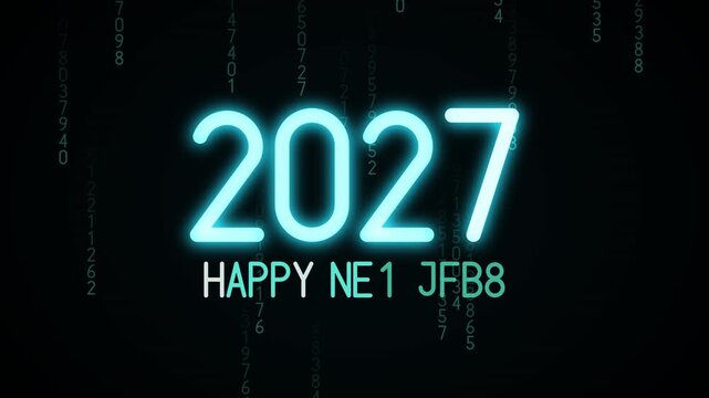 Digital decode effect scrambles random numbers from 2026 into glowing cyan 2027 and Happy New Year with falling code rain