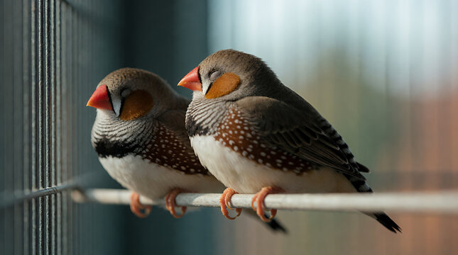 Zebra finches in a row, curious and attentive, against a blurred background