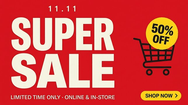 Bright red promotional banner for the 11 11 global singles day super sale event featuring a fifty percent discount offer