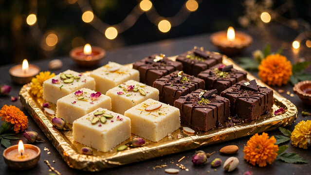 Milk Barfi Chocolate Barfi with Pista Rose Petals on Gold Tray Diwali