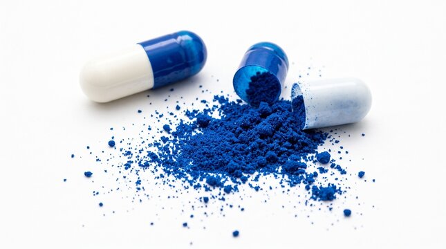 Two blue and white medicine capsules with blue powder spilled around them
