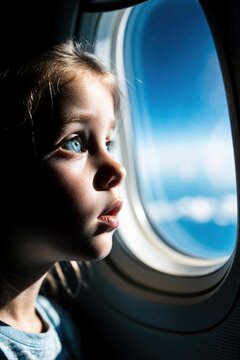 Young girl looks out airplane window during flight. Curious child watches blue sky, white clouds from plane cabin. Close up profile of female passenger dreaming about travel adventure, holiday trip