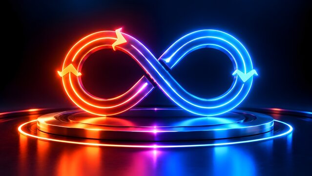 3D glowing neon infinity symbol with arrows on futuristic podium for continuous loop and limitless connection concept