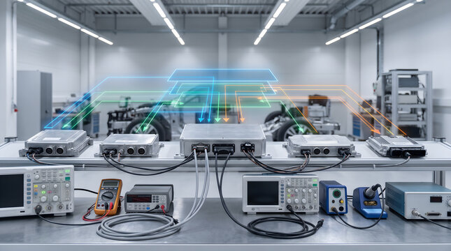 Modern automotive electronics engineering laboratory with diagnostic equipment and advanced autosar software architecture