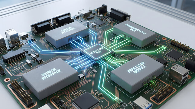 Modern electronic circuit board illustrating advanced autosar architecture with sensor interface and processor