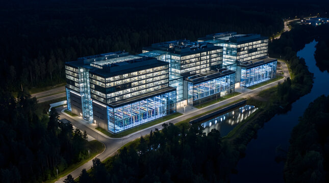 Modern data center building exterior illuminated at night demonstrating continuous 24 7 365 operational uptime