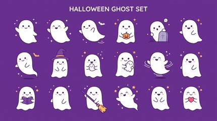 Obraz premium Halloween ghost icons set on purple background. Halloween ghost set illustration.