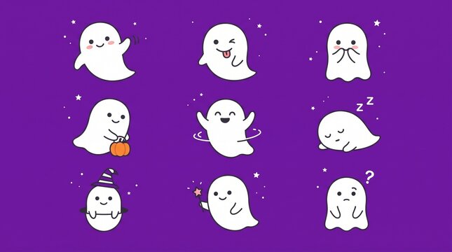 Halloween ghost icons set on purple background. Halloween ghost set illustration.
