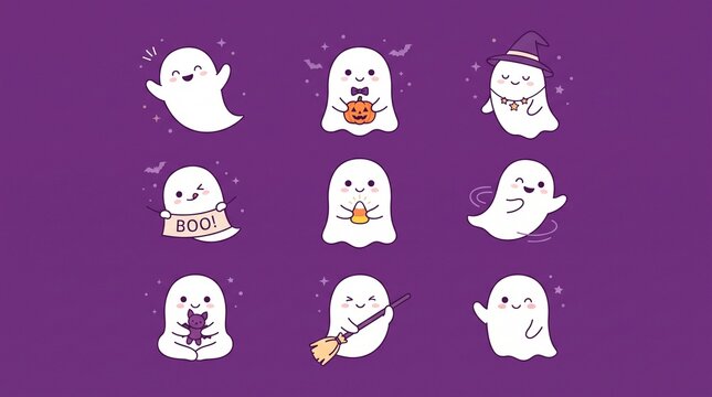 Halloween ghost icons set on purple background. Halloween ghost set illustration.