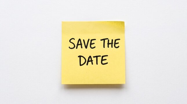 Yellow square sticky note with black text &ldquo;SAVE THE DATE&rdquo;