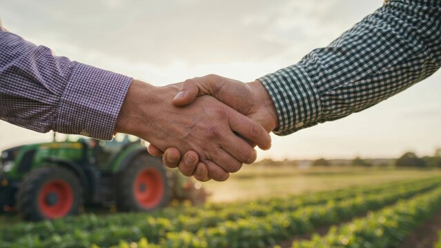 Two farmers shaking hands in a field with a tractor in the background