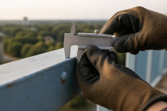 Water Tower Inspection - Hands Measuring Elevated Tank Gallery Railing Edge