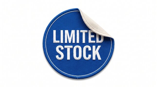 Blue circular badge with white text &ldquo;LIMITED STOCK&rdquo; and folded corner
