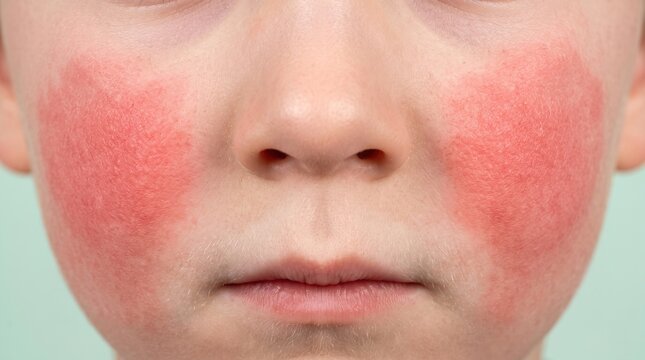 Close up of a child's face showing severe redness and erythema on both cheeks, pediatric skin condition.