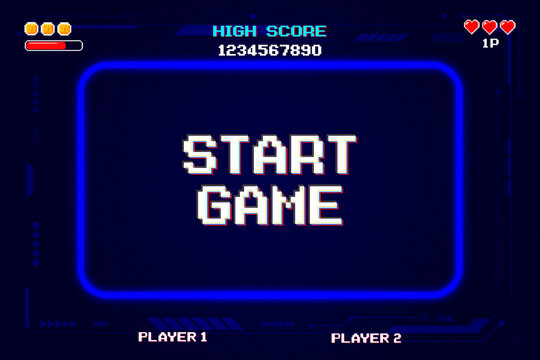 START GAME. Retro Futurism Sci-Fi Background. glowing neon grid and star from vintage arcade computer games