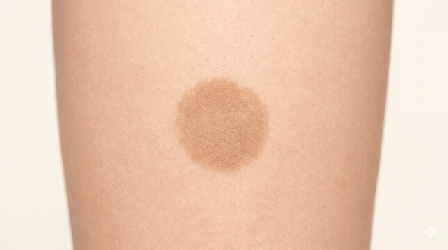 Cafe au lait macule or light brown flat birthmark on human skin, benign dermatological pigmentation concept.