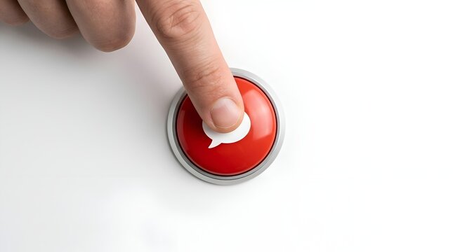 Hand Pressing a Red Button with Speech Bubble Icon for Online Chat Support