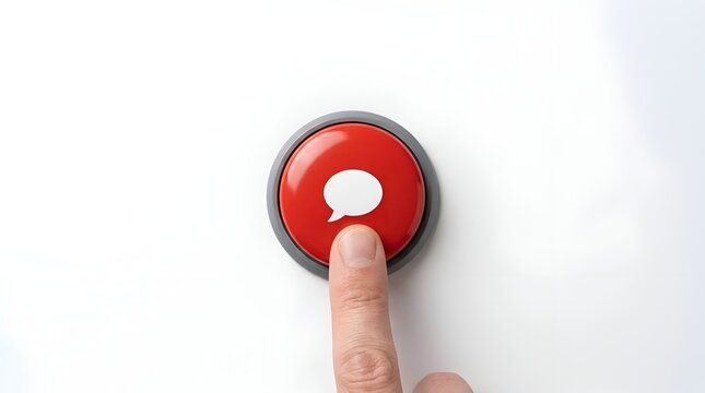 A human finger pressing a red communication button with a chat bubble symbol representing instant connection and feedback