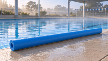 Fototapeta premium Blue foam pool noodle on the wet edge of an outdoor swimming pool. Swim training equipment by clear blue water in the morning