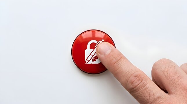 Human finger pressing a red circular button featuring a digital security lock and pen symbol representing data encryption and content protection