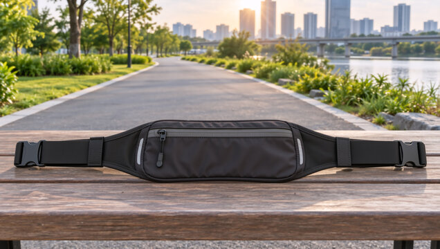 Black running waist pack on a wooden park bench. Sports belt bag with city skyline and park path background