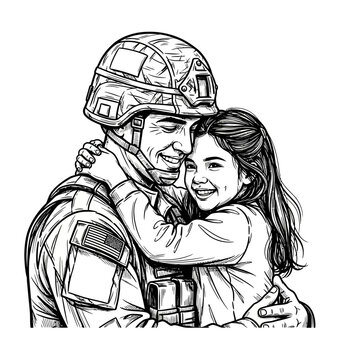 Soldier Hugs Daughter, Military Family Reunion, Love and Hope Drawing