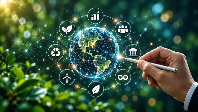 Businessman hand using a stylus on a digital Earth globe surrounded by ESG icons and sustainability symbols against a lush green bokeh background, representing global environmental responsibility.
