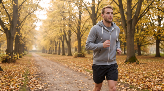 Young man jogging in a scenic autumn park. Male runner exercising outdoors on a path with golden fall leaves