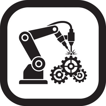 Industrial robotic arm welding gears automation manufacturing vector icon