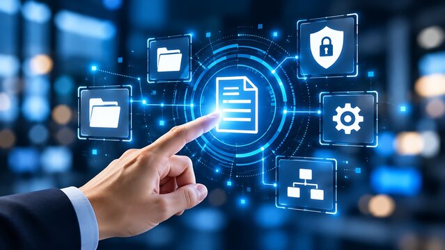 Businessman using digital document management system software for efficient data storage and information security in a futuristic office environment with blue glowing holographic icons