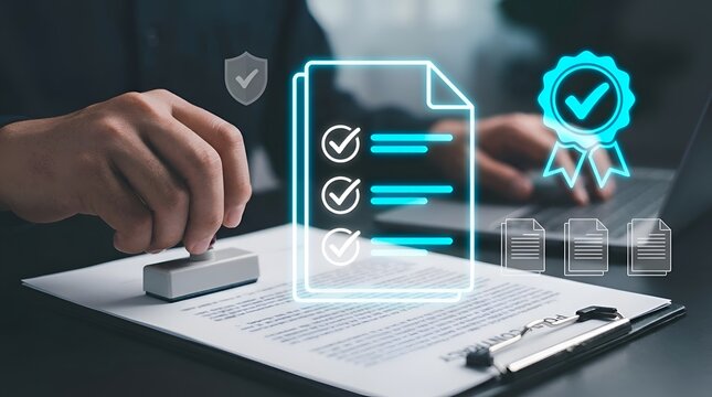 Business person stamping document with digital quality assurance certificate and compliance icons for standardization and approval process