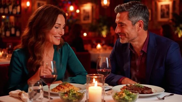 Loving mature couple enjoying romantic dinner date with red wine in upscale restaurant