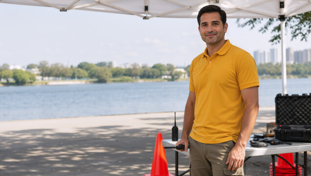 Male event coordinator standing under a canopy tent. Professional staff member with walkie talkie near a lake. Outdoor event management concept