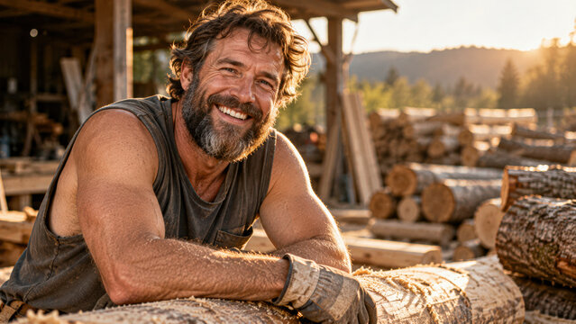 A smiling bearded man with muscular arms leans on a large log in a rustic outdoor lumberyard during golden hour.