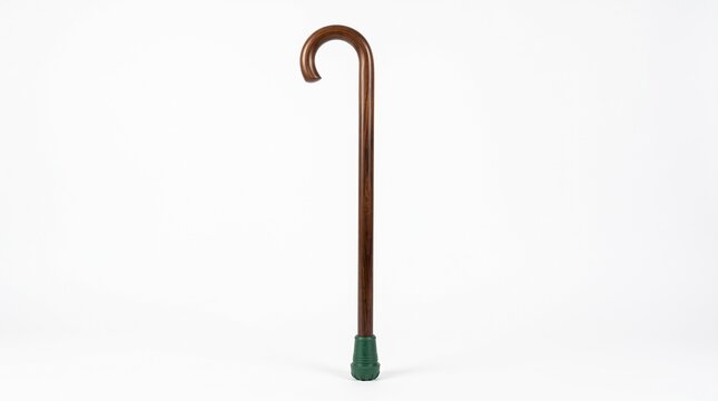 Simple brown walking cane with curved handle and green rubber tip