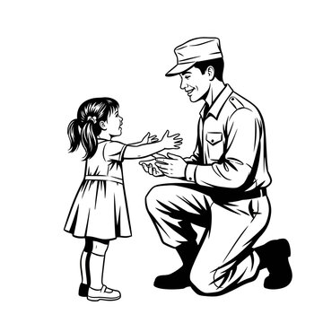 Soldier returning home, hugging daughter, reunion, greeting, love, family, military service, welcome back