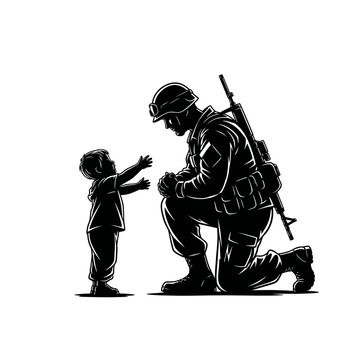 Soldier kneeling to greet child, reunited, hope, embrace, welcome back