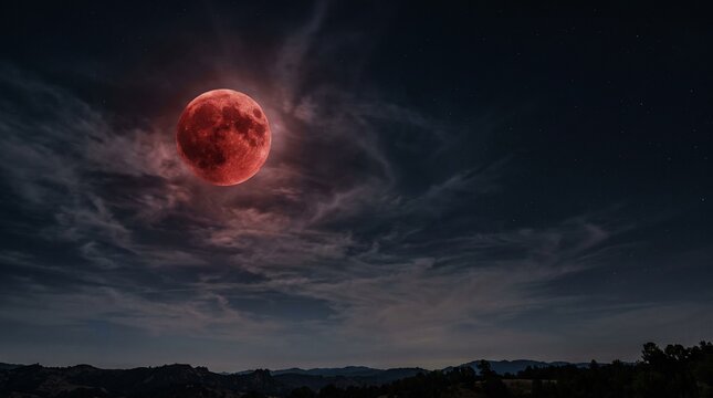 Red blood moon glowing on the left with wispy pink clouds in dark starry night sky over silhouetted mountains and pine trees, spooky lunar eclipse landscape with copy space