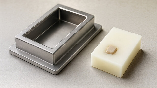 Empty metal embedding mold beside a paraffin specimen block