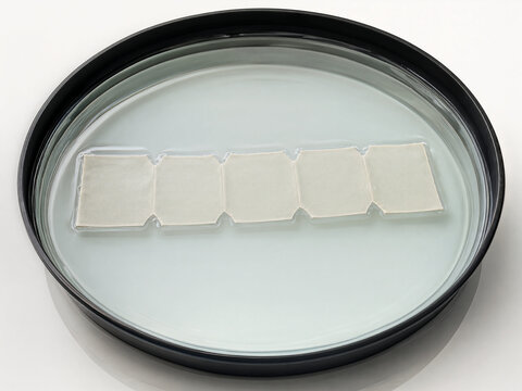 Connected paraffin sections floating on a histology water bath