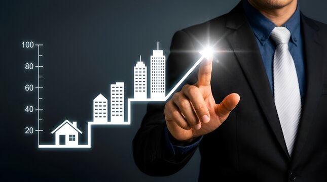 Businessman Interacting with Digital Graph Showing Real Estate Market Growth and Investment Opportunities for Future Development and Urban Expansion