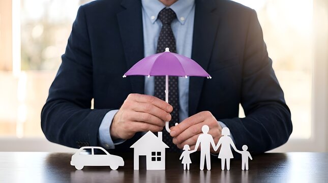 Professional businessman holding a protective umbrella over miniature house, car, and family models, symbolizing comprehensive insurance, security, and financial asset management for future planning