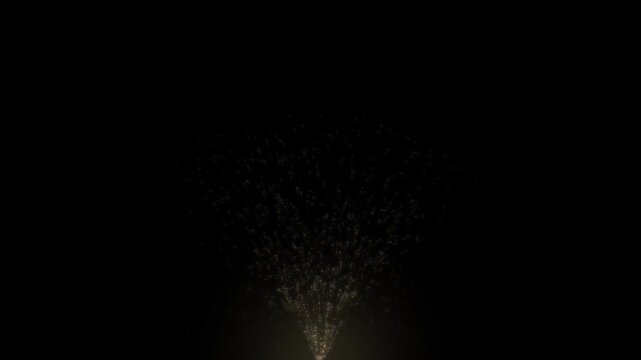 Champagne spray bursting upward in a fountain of golden droplets and fizz on black background, celebration pop overlay