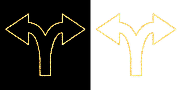 Curved split arrow symbol with glowing gold outline and pixelated orange version isolated on a transparent background