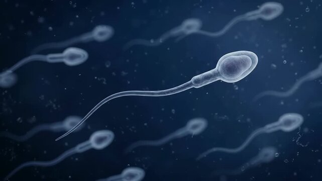3d medical illustration of sperm cells swimming in blue fluid