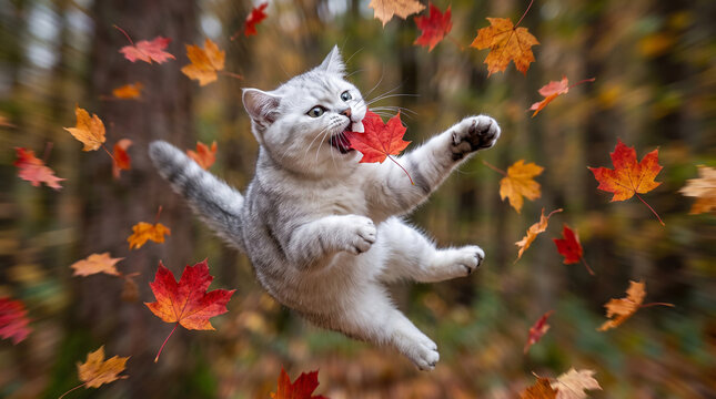 Cute silver tabby kitten portrait in autumn. Active young cat jumping and catching falling leaves in the forest, playful pet during fall season