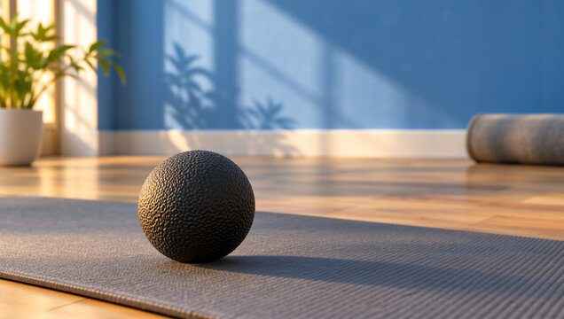 Black textured massage ball on a grey yoga mat. Home fitness and myofascial release equipment. Wellness and muscle recovery concept