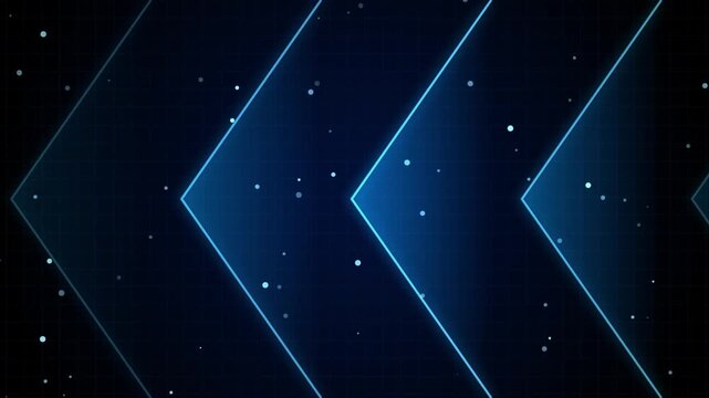 Futuristic blue neon arrow chevron pattern moving across a digital grid background with floating particles for high speed technology and data processing visual communication concepts