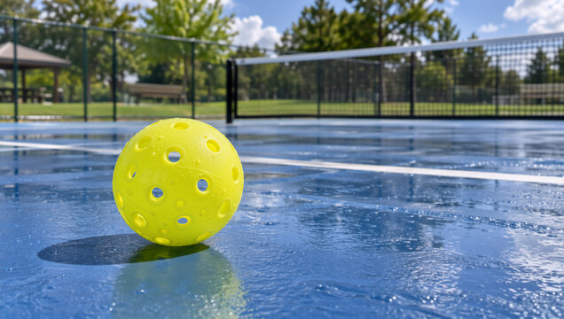 Yellow pickleball on a wet blue court surface. Outdoor pickleball court with net and trees